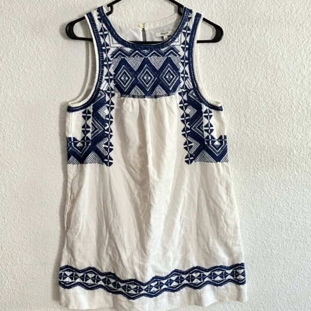 MADEWELL dress-embroidered white and blue sleeveless linen-SMALL